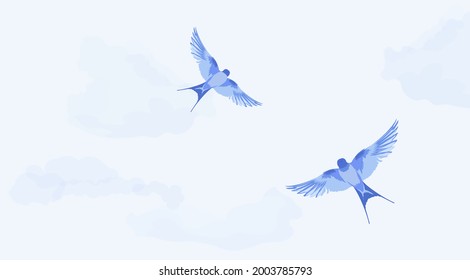 Sky with clouds vector stock illustration. The flight of blue birds. Air and freedom. The wing. The texture of the atmosphere. Postcard. A banner template with space for text.