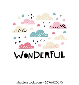 Sky in the clouds. Wonderful. Childish print for nursery in a Scandinavian style. Ideal for baby posters, cards, clothes. Vector cartoon illustration in pastel colors.