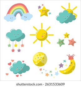 sky collection with star, rainbow, cloud, moon, sun in cartoon style. Weather icons, kids friendly design. Cards for children. Vector illustration