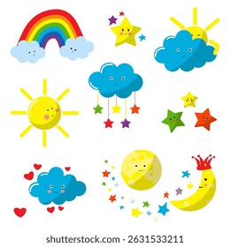 Coleção Sky. Sol, nuvem, lua, crescente, estrelas, arco-íris. Adesivos brilhantes para crianças. Cartões para crianças. Ilustração vetorial