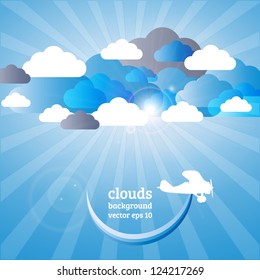 Sky Color Background With Clouds, Sunlight And Airplane. Vector illustration. Eps10.