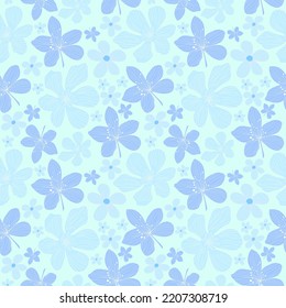 Sky colored cute blue tints and shades seamless vector repeat pattern. Light blue flowers seamless vector pattern.
