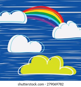 Sky colorful background with rainbow. Child clouds with text space.