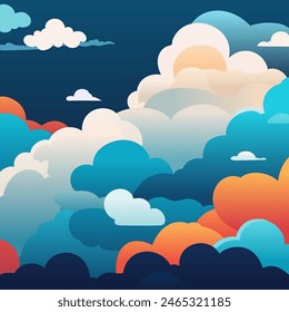 Sky and colorful clouds, beautiful background. Stylish design with flat cartoon poster, flyers, cards, web banners. festive mood, airy atmosphere. Isolated object. Design material. Vector illustration