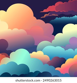 Sky and colorful clouds, beautiful background. Stylish design with flat cartoon poster, flyers, cards, web banners. festive mood, airy atmosphere. Isolated object. Design material. Vector illustration