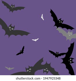 Sky Colorful Gothic White Purple Bats Vector Illustration. Grey Eyes Creepy Print Halloween Art Illustration. Spooky Attack Scary Retro Background. Night Motion Violet Black Art Flying Bats Fabrics.