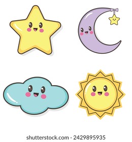 sky components, star, sun, moon, cloud, cute style in vector