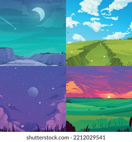 Composiciones de cielo con símbolos diurnos y nocturnos ilustraciones vectoriales aisladas planas