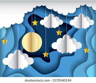sky concept paper cut art with clouds moon and stars. vector illustration