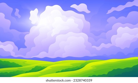 Sky covered with storm clouds over green meadows horizontal colorful illustration.