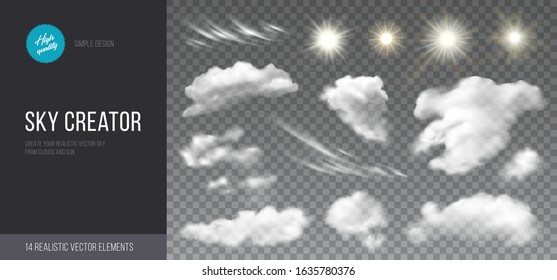 Sky creator. Realistic set of clouds and sun on transparent background. Vector design elements for creating sky cards, poster or banners. 