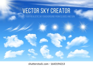 Sky creator. Realistic set of clouds and sun. Vector design elements for creating sky cards, poster or banners. 