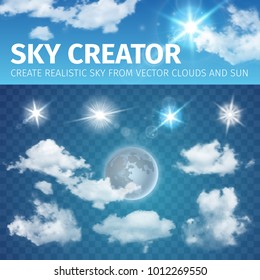 Sky Creator. Set Realistic Clouds And Sun. Vector Illustration EPS 10