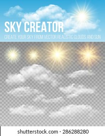 Sky Creator. Set Realistic Clouds And Sun. Vector Illustration EPS 10