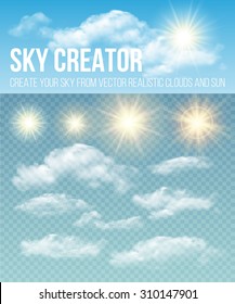 Sky creator. Set realistic clouds and sun. Vector illustration EPS 10