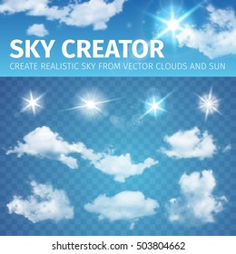 Sky creator. Set realistic clouds and sun. Vector illustration EPS 10