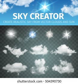 Sky Creator. Set Realistic Clouds And Sun. Vector Illustration EPS 10