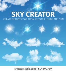 Sky creator. Set realistic clouds and sun. Vector illustration EPS 10