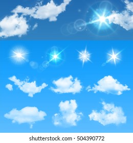 Sky creator. Set realistic clouds and sun. Vector illustration EPS 10