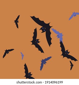 Sky Creepy Print Purple Art Flying Bats Fabrics. Eyes Colorful Orange Motion Simple Art. Spooky Night Violet Black Halloween Art Illustration. Retro Scary Chaos Gothic Attack Bats Vector Background.