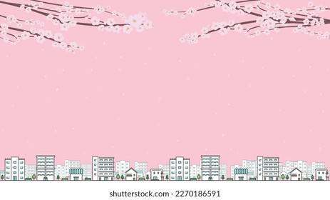 Sky with dancing cherry petals and a cityscape background of houses, apartments, stores, and buildings (pink)