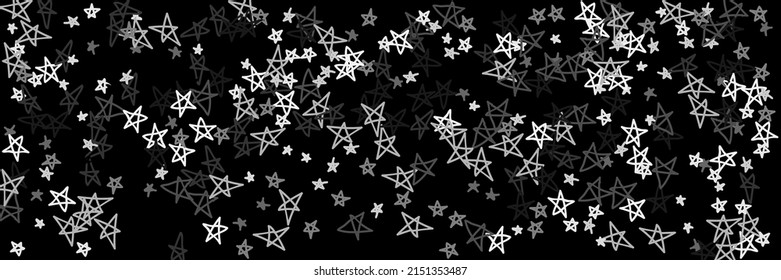 Sky Dark Monochrome Night Retro Stars Art Handdrawn Picture. Bright Kids Night Naive Gray Simple Handdrawn Stars. Childish Grey Retro Stars Black White Art Chaotic Stars Background.