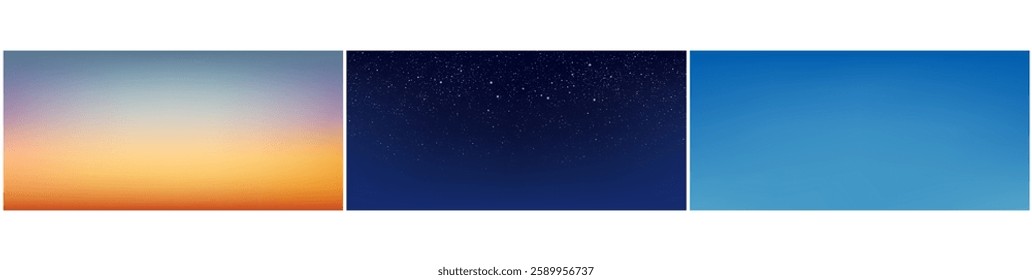 Sky at dawn or dusk, night and day. Vector realistic skyscape view or scenery with no clouds. Constellation and stars, fading sun rays and haze. Nature scene design set, idyllic environment