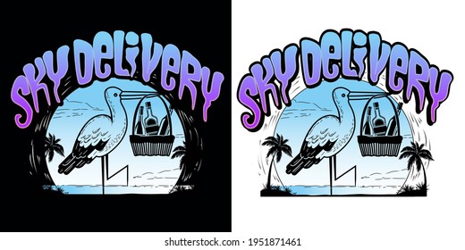 Sky delivery by stork Vector Graphic Design for t-shirt and others isolated on white and black background.