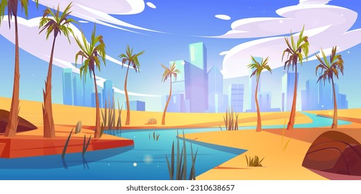 Sky desert landscape with river in city valley cartoon vector illustration. Sand and nile water perspective panoramic nature concept. Dubai cityscape building on horizon with drought dunes in summer.