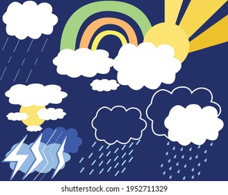 Sky in different weather. Cloud sunny, thunderstorm, rainy weather rain, rainbow after rain, sun, clouds. Vector graphics 