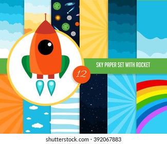 Sky Digital Paper with Rocket Illustration