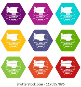 Sky dirigible icons 9 set coloful isolated on white for web