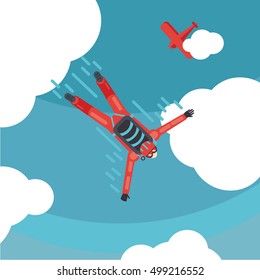 Sky Diver Top View. Parachute Jump. Cartoon Vector Illustration