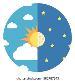 Sky divided in halves with sun, moon, white clouds and yellow stars. Day and night, nature and time concept. Flat design. Vector illustration. EPS 8, no transparency