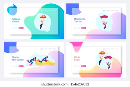 Sky Diving and Bobsleigh Sport Website Landing Page Set. Skydivers Soaring in Sky with Parachute, Sportsmen Riding Bob Downhills, Sports Life Extreme Web Page Banner. Cartoon Flat Vector Illustration