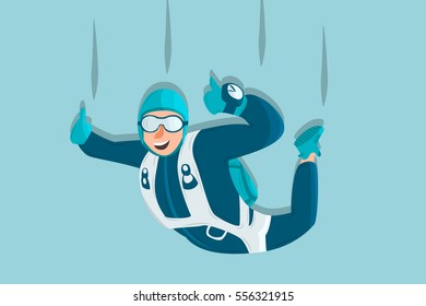 Sky diving cartoon sportsman. Comic character