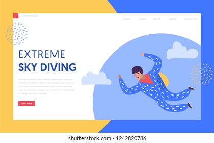 Sky Diving Extreme Sport Landing Page Template. Skydiver Male character with parachute, leisure activity concept for Web Page or Website. Vector illustration