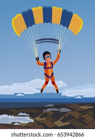 Sky diving happy smiling sportsman jump and fly with open parachute. Vector flat cartoon illustration