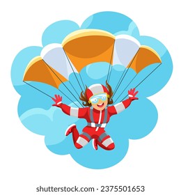 Sky diving kid girl vector illustration. Child parachuter in sky, flying little woman active extremal sport vector illustration