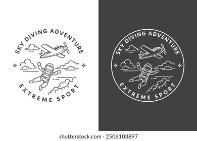 Logotipo de arte de línea de buceo en el cielo. Un logo para un deporte extremo con un hombre en traje espacial saltando de un avión