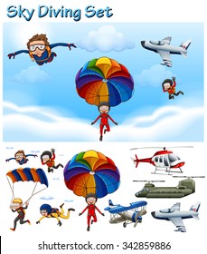 Sky Diving Set With People And Equipment Illustration