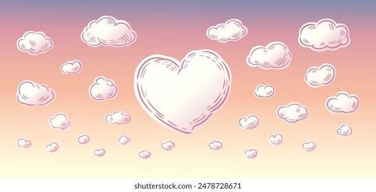 Sky is drawn in pink color, with lots of clouds, the central cloud is drawn in the shape of a heart. Vector illustration.