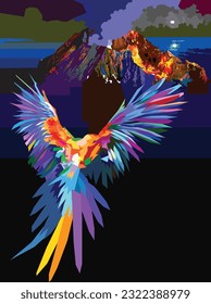 El águila del cielo volaba en el cielo sobre el volcán.