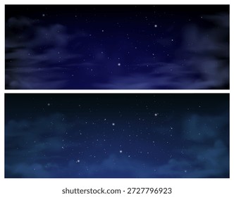 Himmel am Abend oder Nacht mit Wolken und Sternen, Sternbild. Vektor im realistischen Stil, Satz von Landschaftsdesign für Szenerien. Frühling oder Sommer mit nebligen oder nebligen Dunst. Spieldekoration