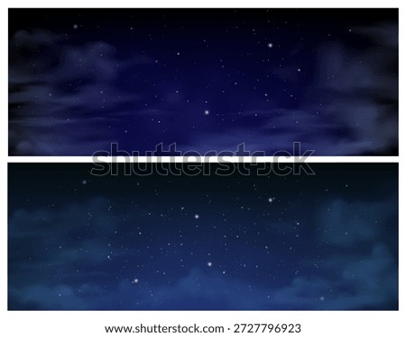 Sky in evening or night with clouds and stars, constellation. Vector in realistic style, set of landscape design for sceneries. Spring or summer with misty or foggy haze. Game decoration