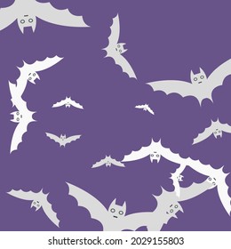 Sky Eyes Gothic White Wallpaper. Retro Violet Spooky Colorful Flying Bats Art Pattern. Black Print Motion Creepy Halloween Modern Design. Scary Purple Attack Grey Night Bats Vector Design Pic.