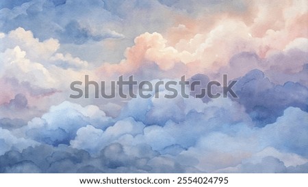 The sky is filled with clouds, and the colors are a mix of blue and pink. The painting has a dreamy, ethereal quality to it, as if the clouds are floating in a vast, endless sky. The colors are soft