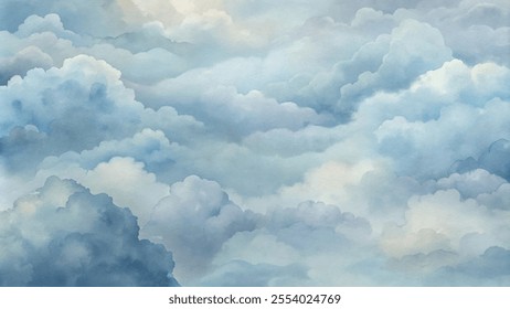 The sky is filled with clouds, creating a sense of calm and serenity. The blue color of the clouds and the sky gives a feeling of tranquility and peacefulness