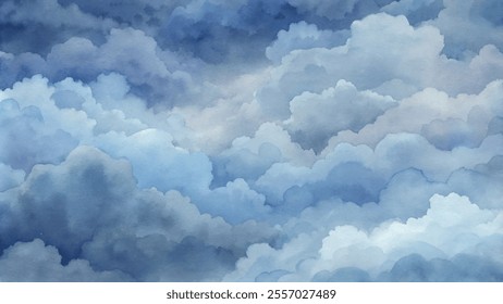 The sky is filled with clouds, creating a sense of calm and serenity. The blue color of the clouds is soothing and peaceful, making the scene feel tranquil and relaxing