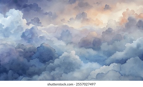 The sky is filled with clouds, creating a sense of calm and serenity. The colors are muted and soft, giving the impression of a peaceful, tranquil scene